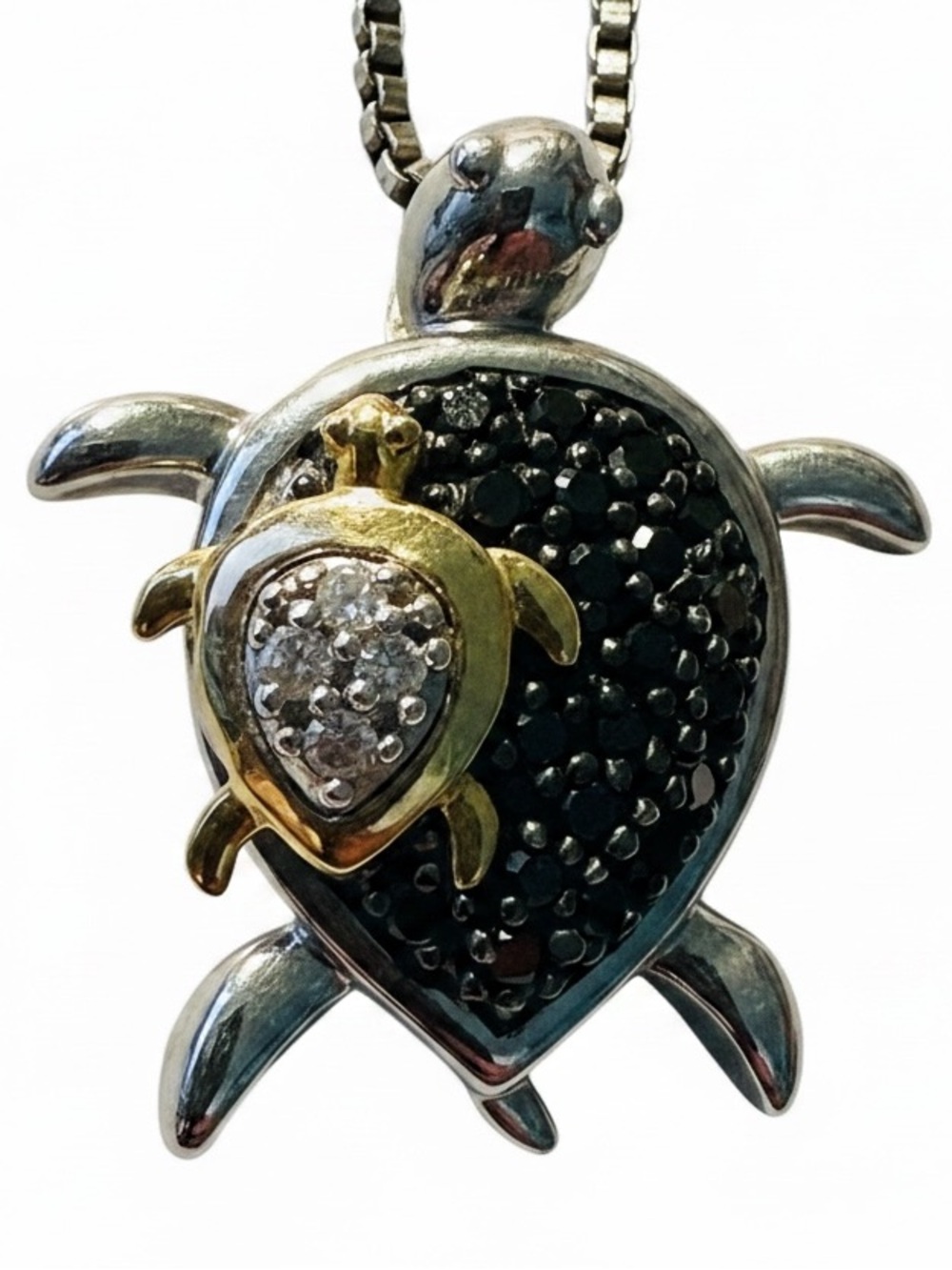 925 Sterling Silver & 14K Gold Sea Turtle Parent Child Pendant Necklace